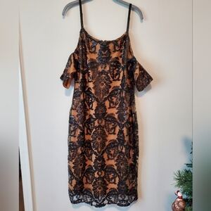 Venus Off The Shoulder Detail Lace and Nude Dress with Spagetti Straps